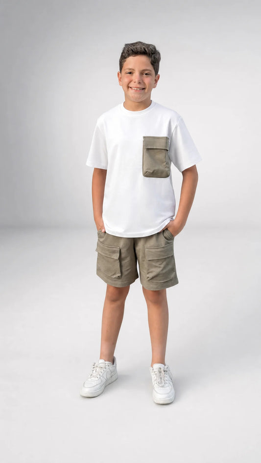 White & Olive Cargo Set - Boys