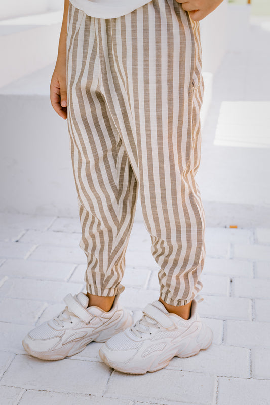 Beige-Cafe Striped Linen Pant - Boys