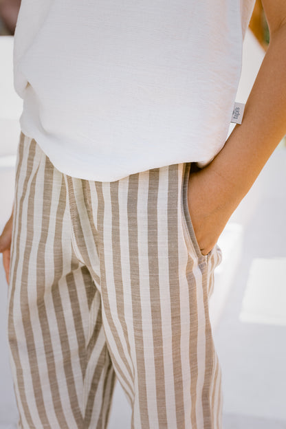 Beige-Cafe Striped Linen Pant - Boys