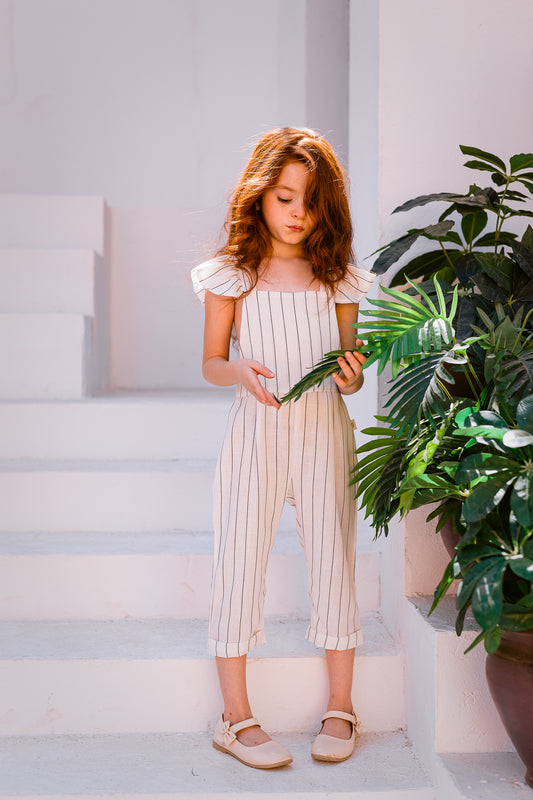 White-Black Striped Linen Jumpsuit - Girls