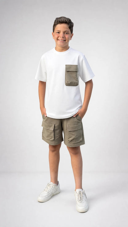 White & Olive Cargo Set - Boys