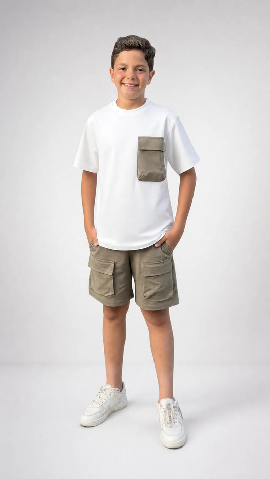White & Olive Cargo Set - Boys